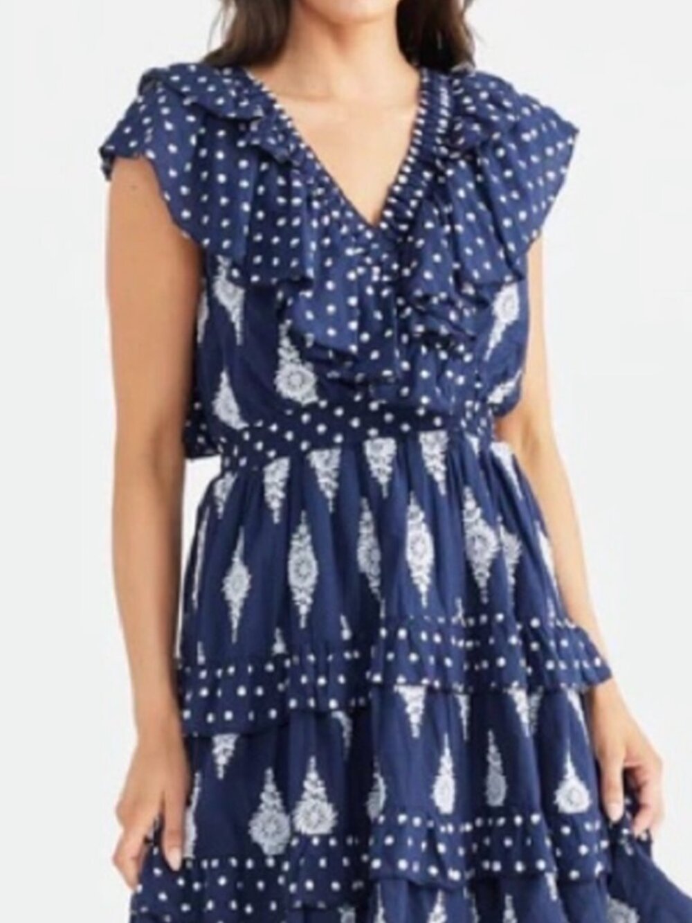 NWT Talisman Navy/White Printed Ruffle V-Neck Tiered Cotton Mini Dress. Size M